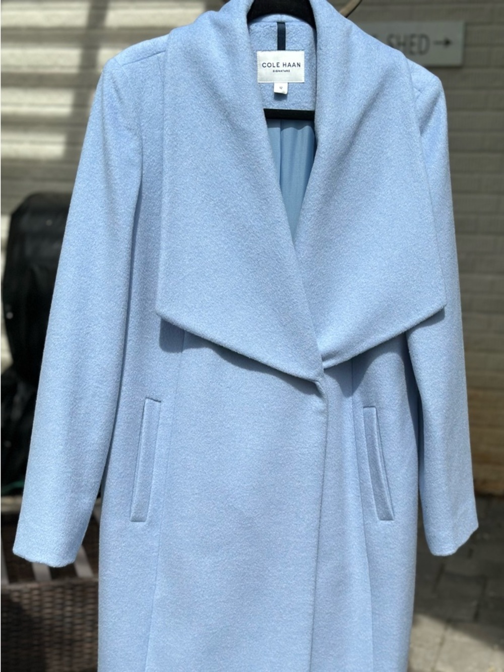 Cole Haan Women’s Pale Blue Wool Blend Lined Draped Shawl Collar Coat